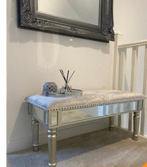 Upholstered mirrored Bench with linen seat . Collect or pay postage