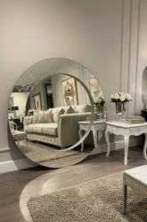 large Chic round frameless 90 cm mirror with diamonte profile. Outlet store sold as seen ex showroom