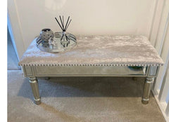 Upholstered mirrored Bench with linen seat . Collect or pay postage