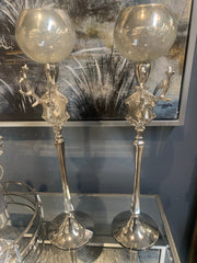 Set of 2 silver and sky tall stag tea light holder