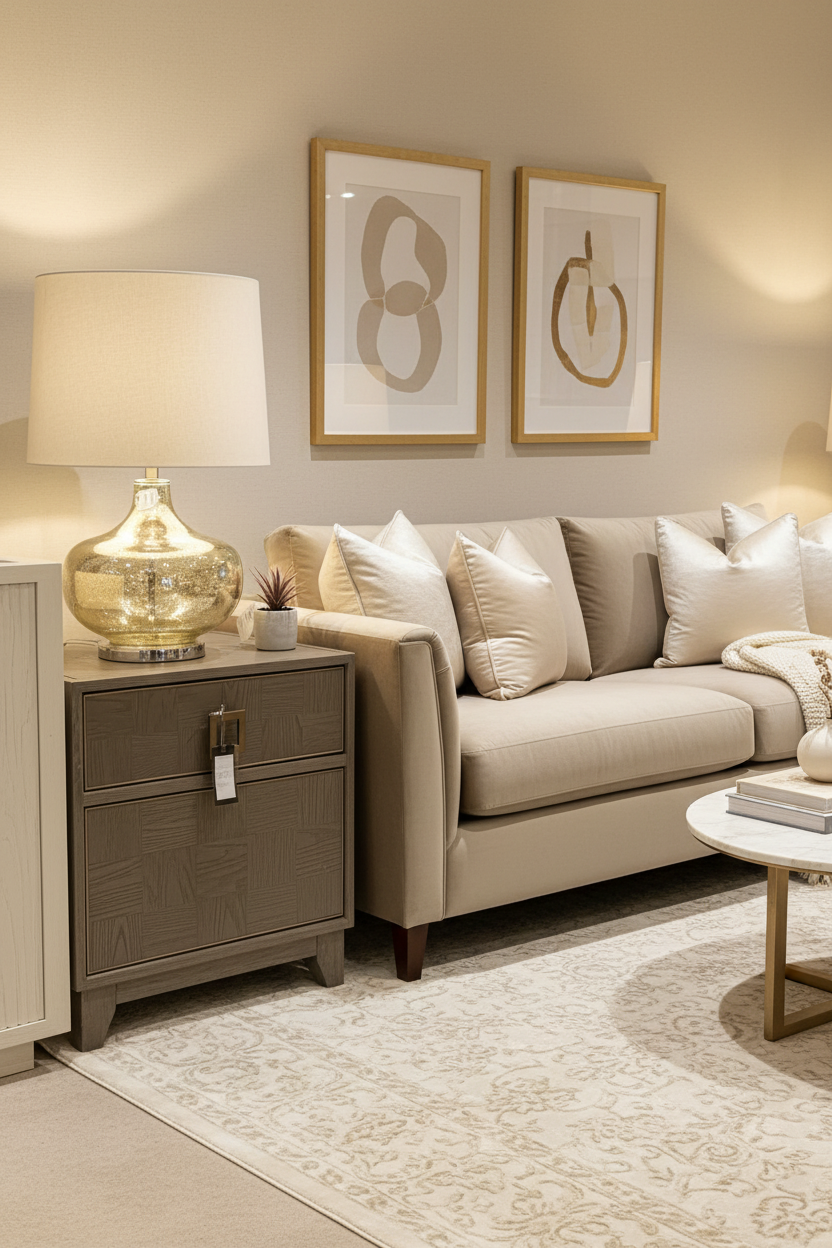 Hill Table lamp with shade in a gentle gold finish.