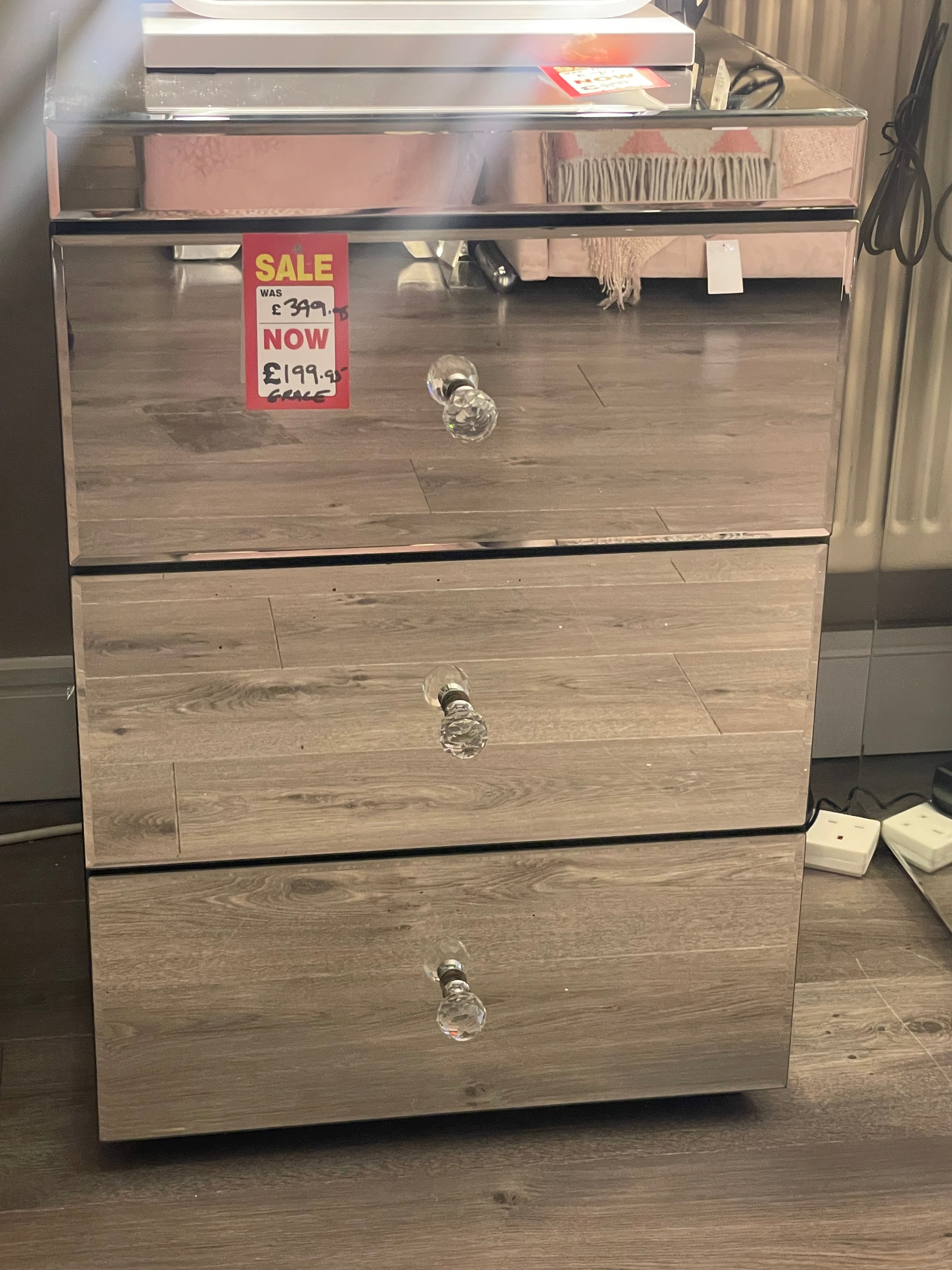 Grace  clear  all mirrored 3 drawer bedside cabinet Instore only