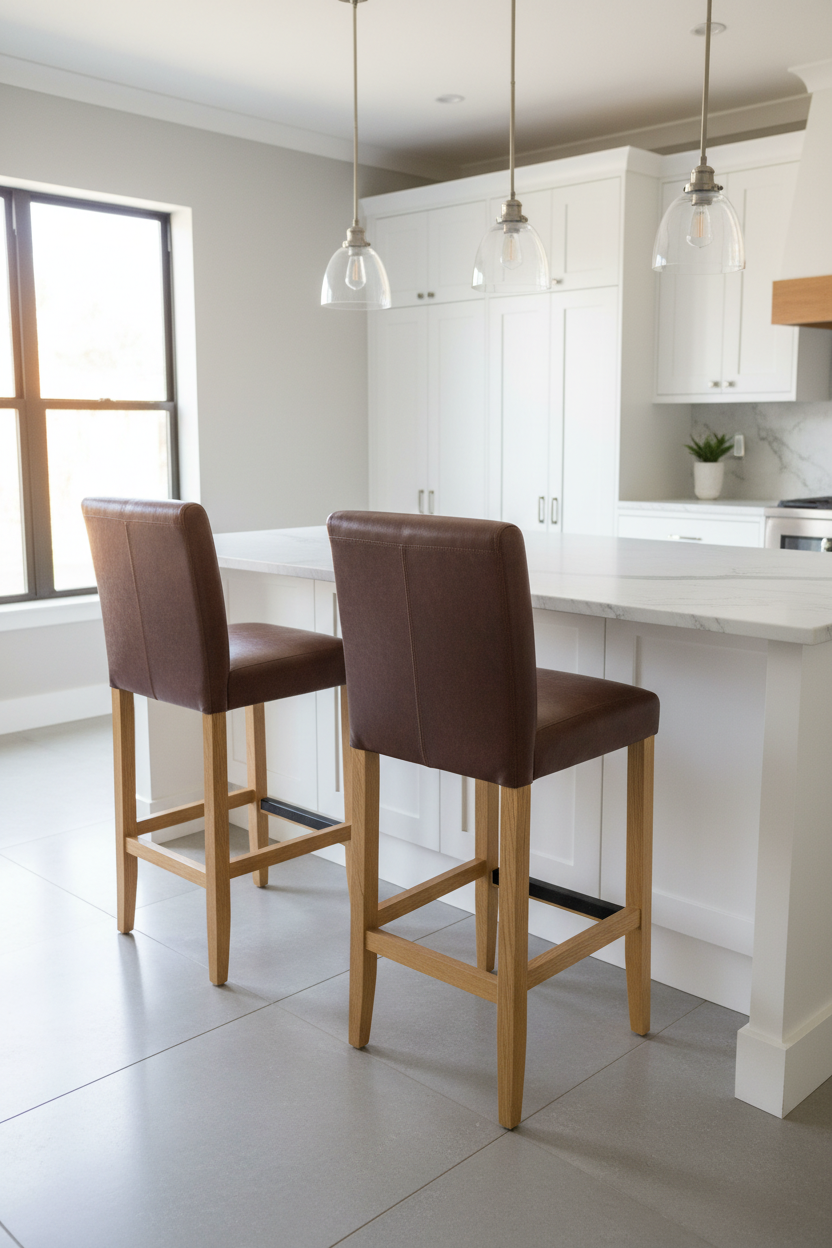 Set of 2 leather and oak colour bar stools Ex display  unwrapped so for collection only. Pay Instore only