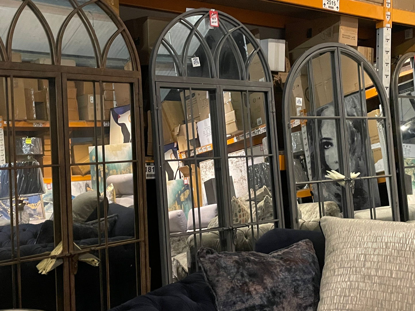 TALL ARCH WINDOW METAL MIRROR IN Antiqued  Bronze  reduced