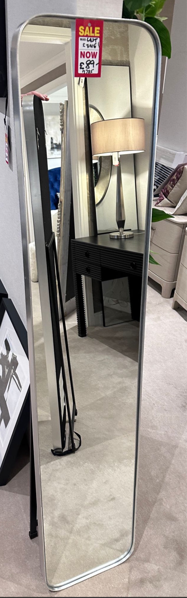 Arlene 150 cm silver dressing mirror with stand clearing at €69.95.  Pay Instore only