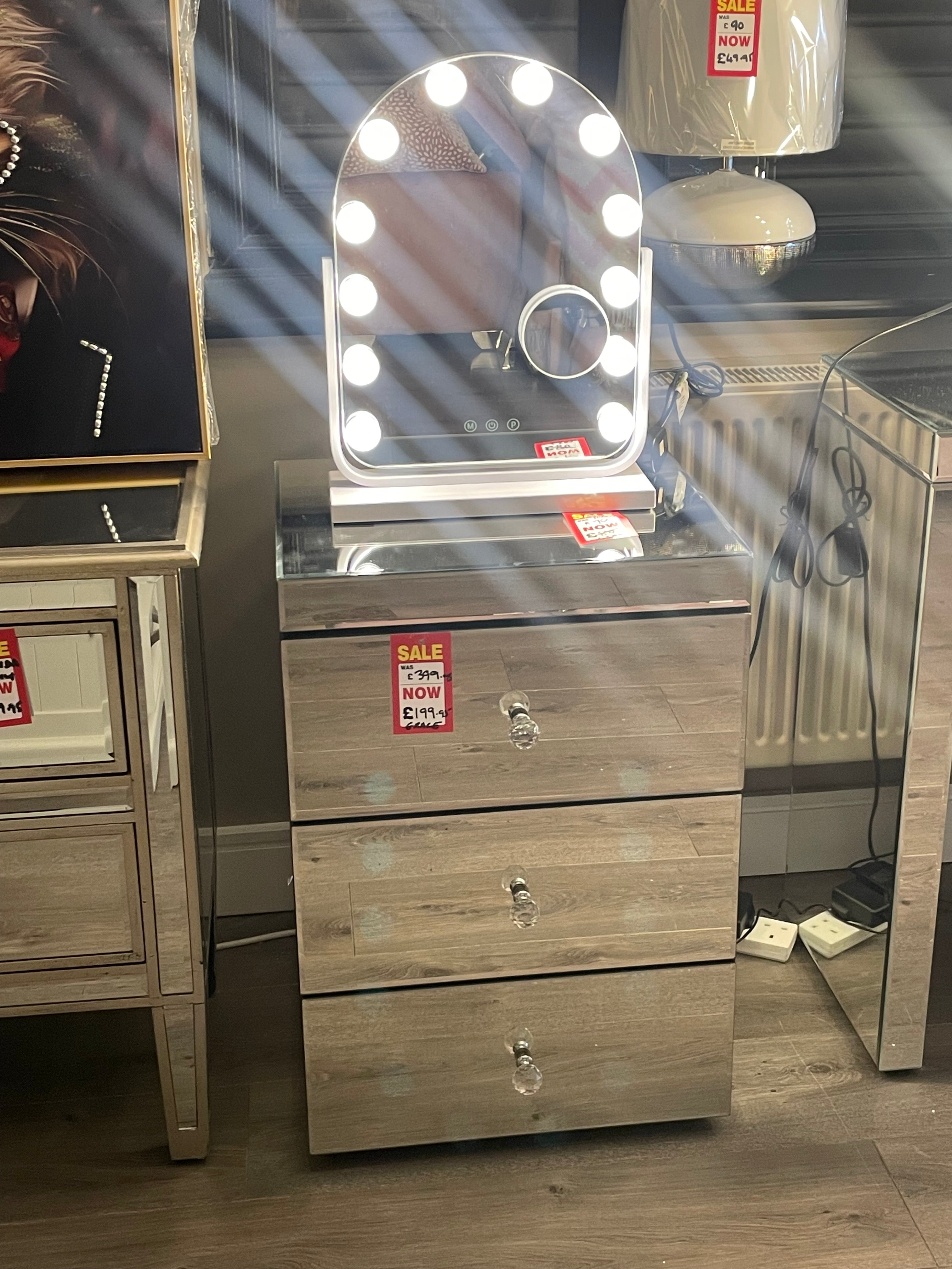 Grace  clear  all mirrored 3 drawer bedside cabinet Instore only