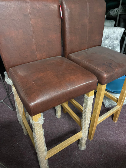 2 leather and oak colour bar stools Ex display for 100 collection only
