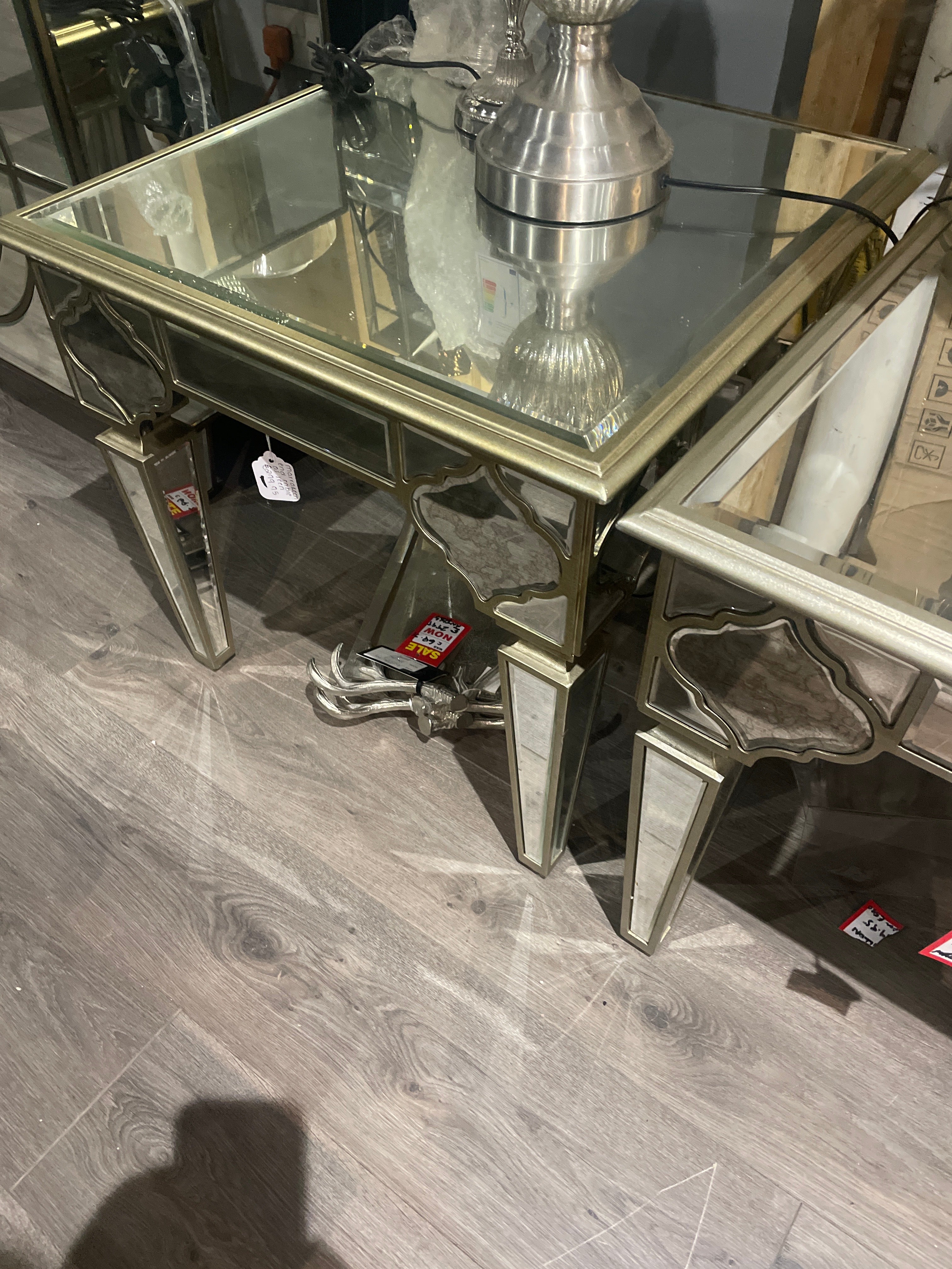 Marrakech Antique Mirror side Table With champagne trim  ex warehouse clearance