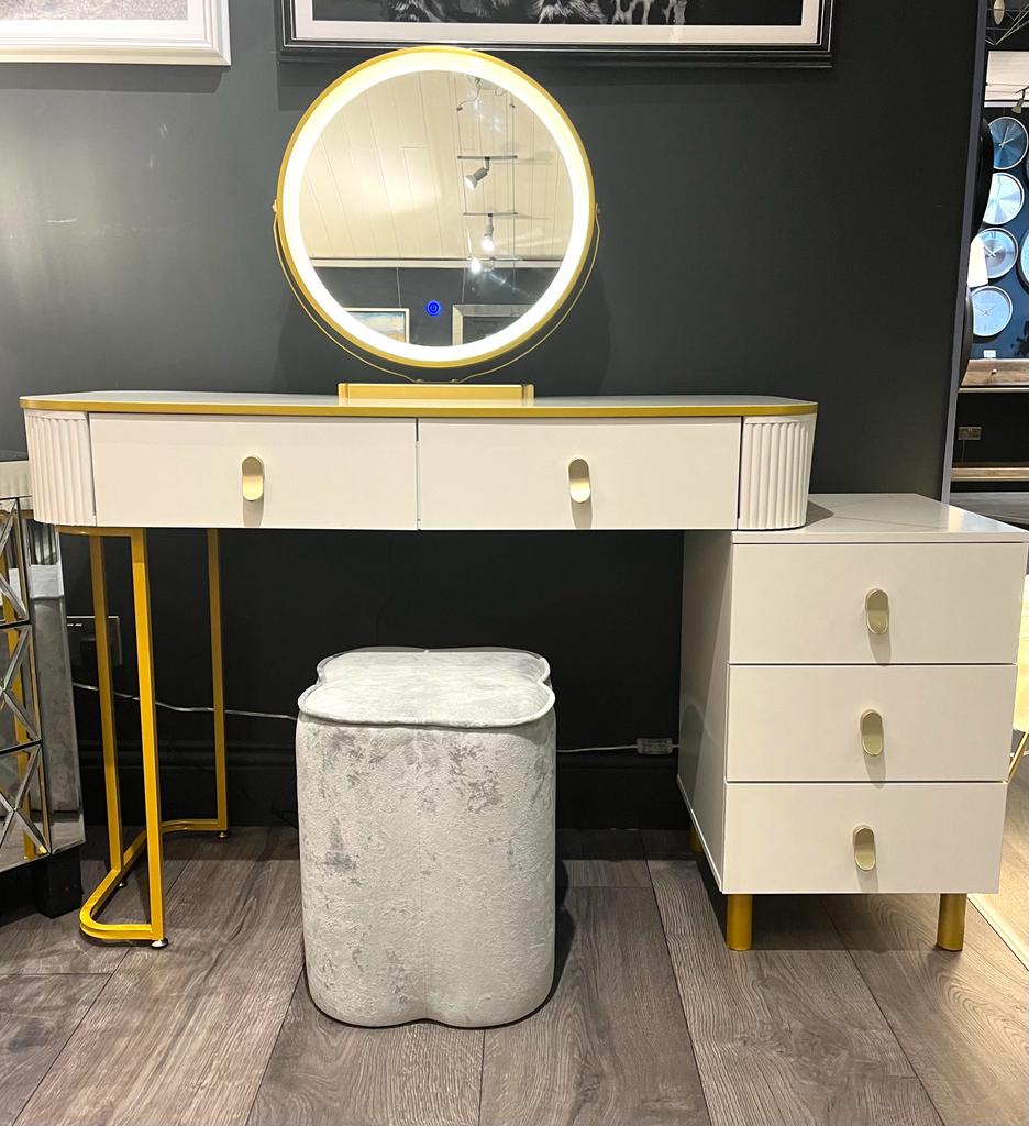 Karl  3 piece Dressing table w stool and mirror SPECIAL instore purchase . White marl .