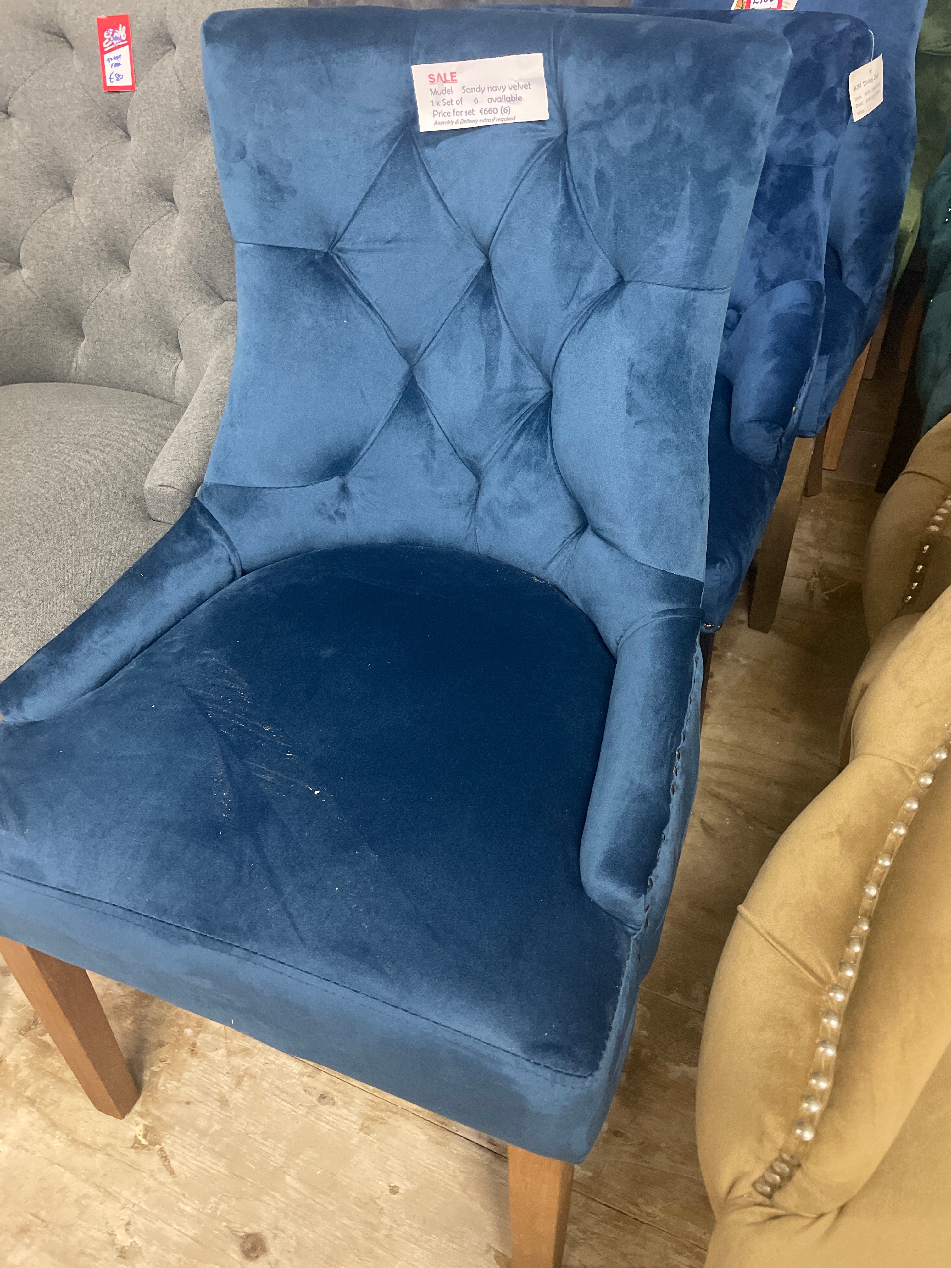 Sandy velvet dining chairs various sets on sale  €110ea . Instore only