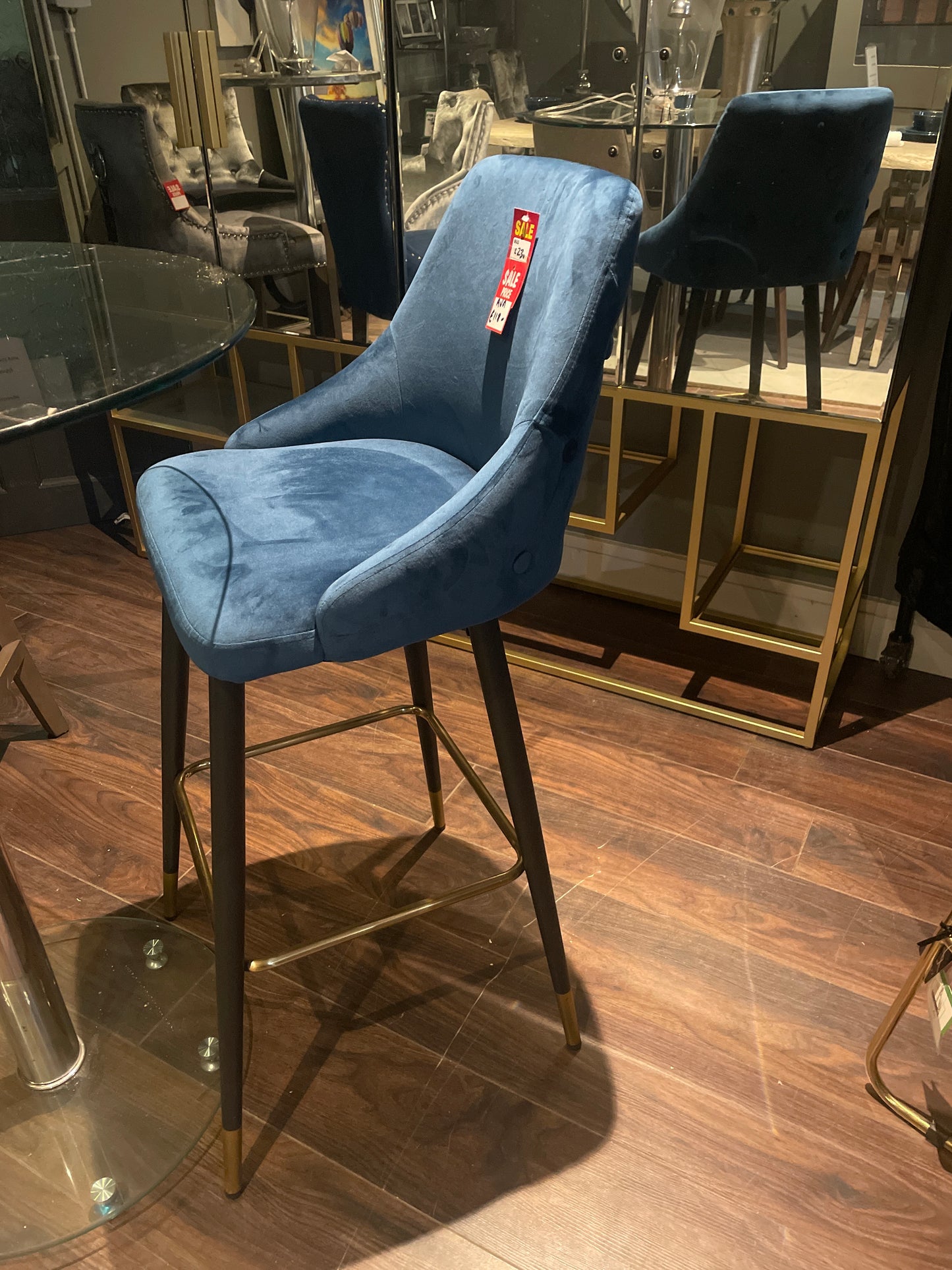 Avanza Fargo Bar Stools  with gold caps .Navy or grey almost half price pop instore to purchase  in outlet store. No exchange