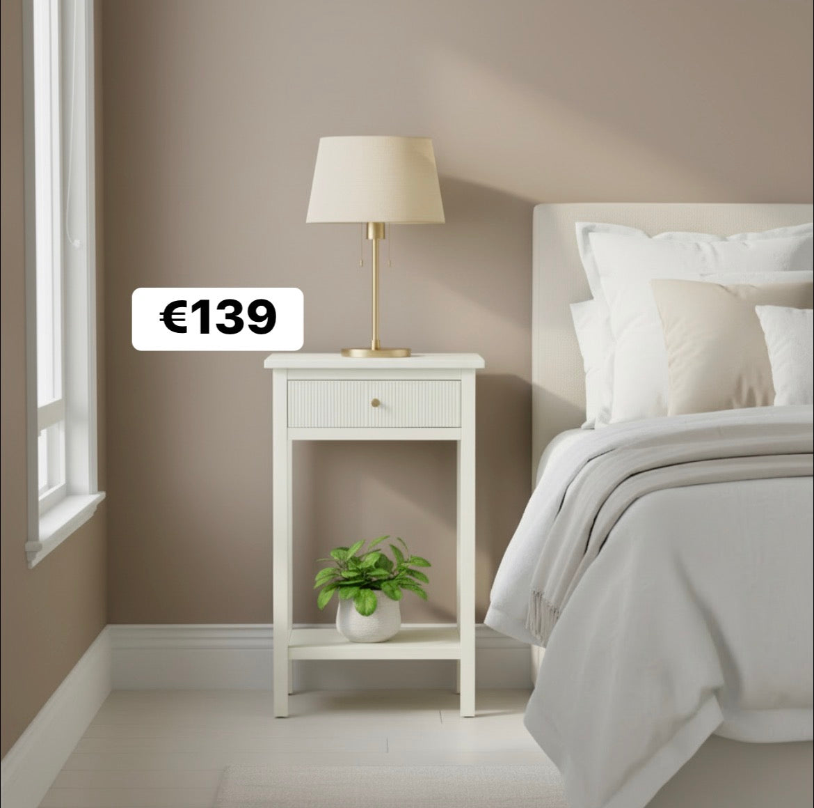 Lindon 1 drawer bedside cabinet in white  w gold . special purchase limited stock      NR