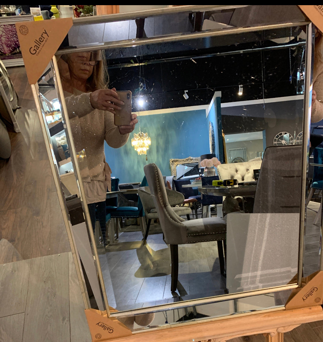 Henshaw contemporary mirror with champagne trim  60 x 90 cm .   Half price disposal sale