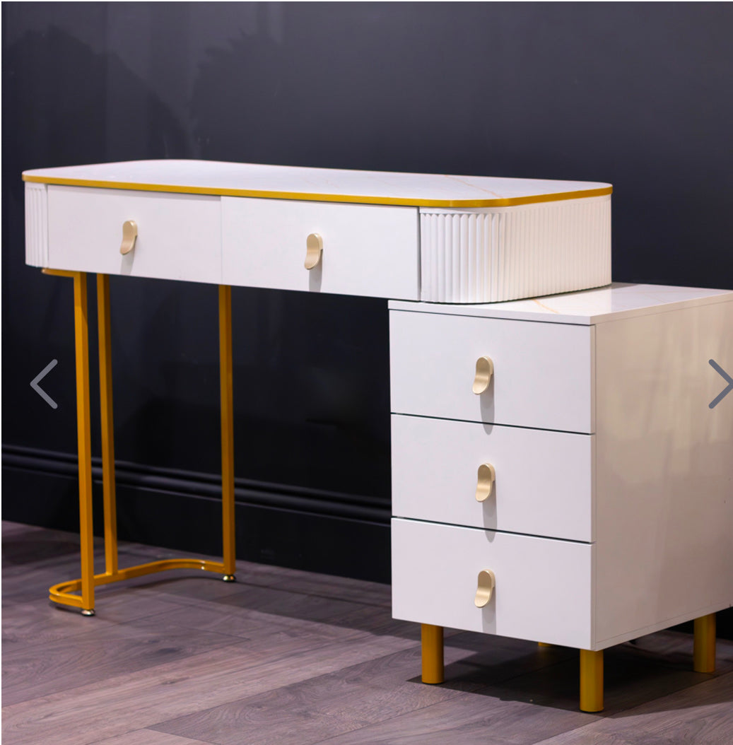 Karl  3 piece Dressing table w stool and mirror SPECIAL instore purchase . White marl .