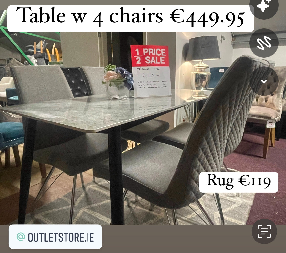 Regal marble effect dining table from €149.95 ! choice of colours/Size 130 cm or 160 cm . Options also with 4 chairs or 2 plus bench. Pay Instore only