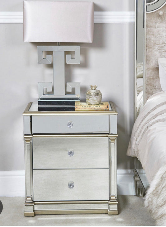 Appian 3 drawer bedside cabinet with champagne trim now on sale