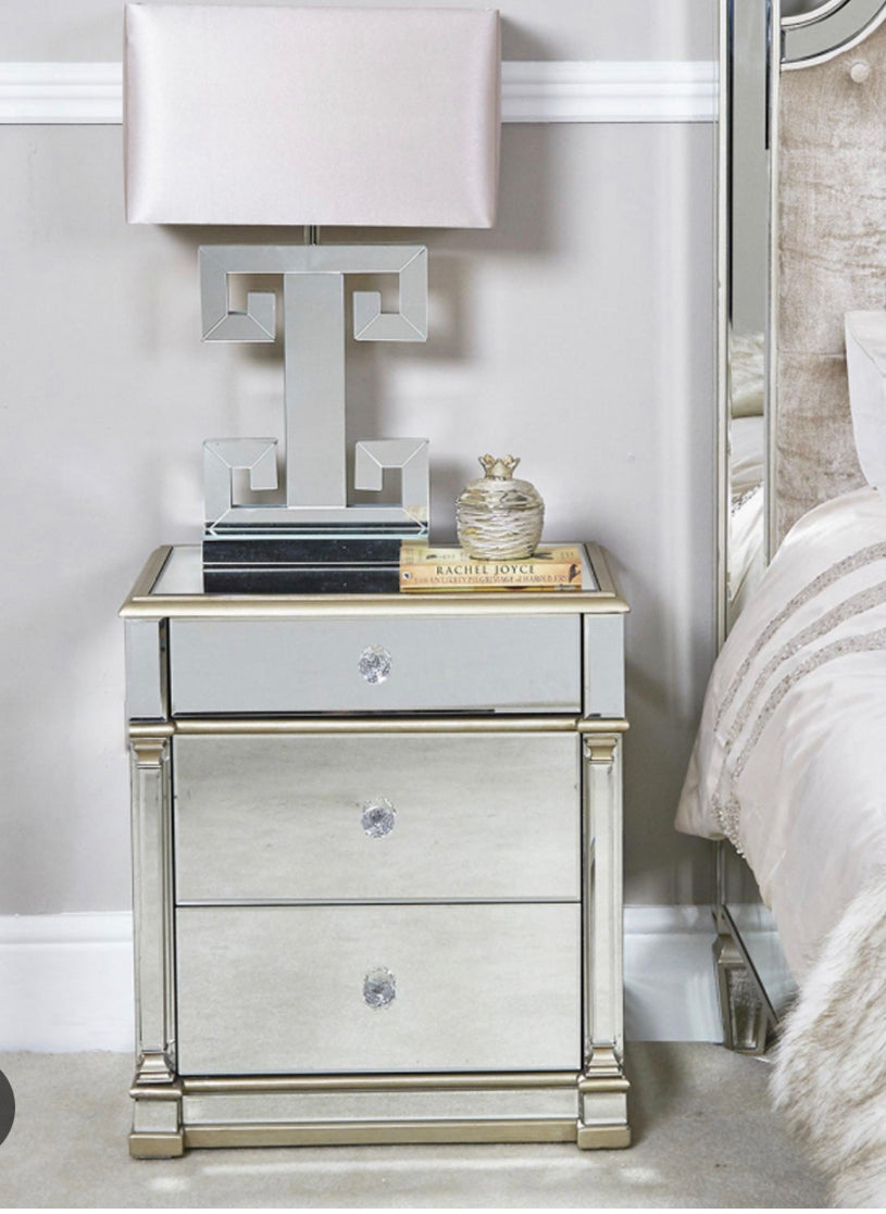 Appian Apollo  3 drawer bedside cabinet with champagne trim  40% off . purchase in store only