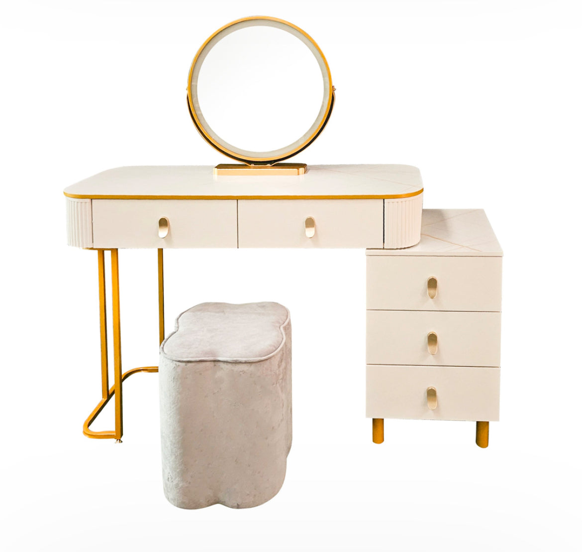 Karl  3 piece Dressing table w stool and mirror SPECIAL instore purchase . White marl .