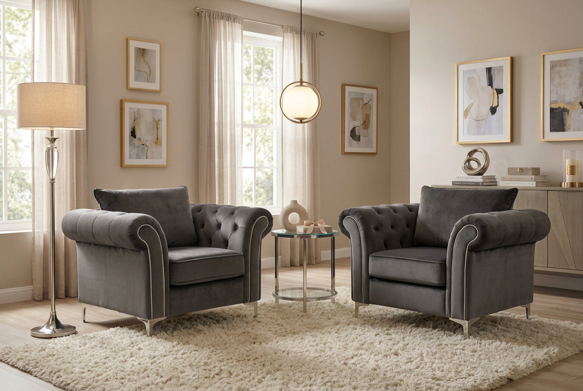 Olympia armchairs in grey chenille at CLEARANCE price . View to purchase