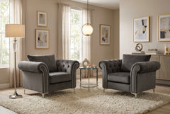 Olympia armchairs in grey chenille at CLEARANCE price . View to purchase