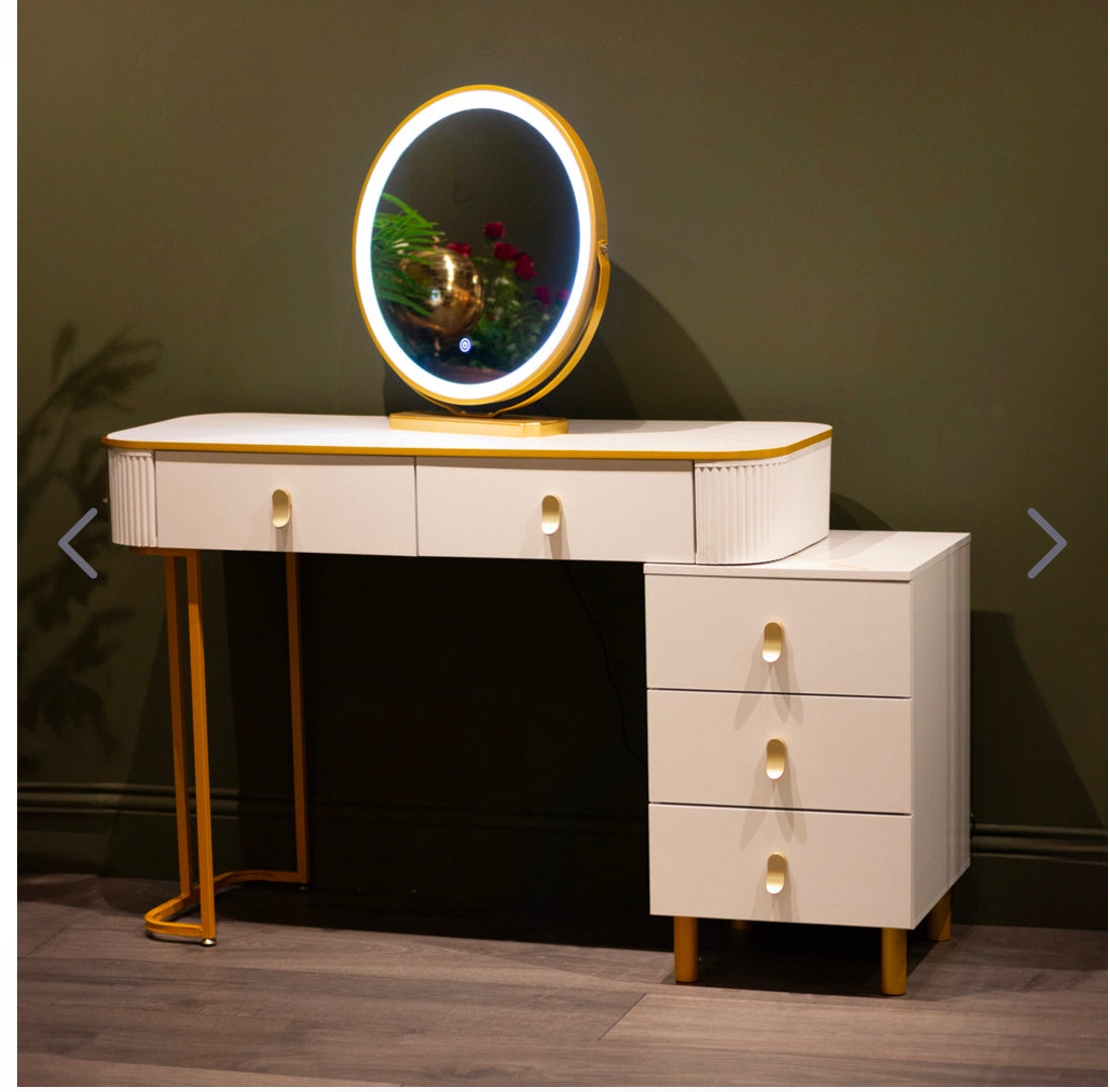 Karl  3 piece Dressing table w stool and mirror SPECIAL instore purchase . White marl .