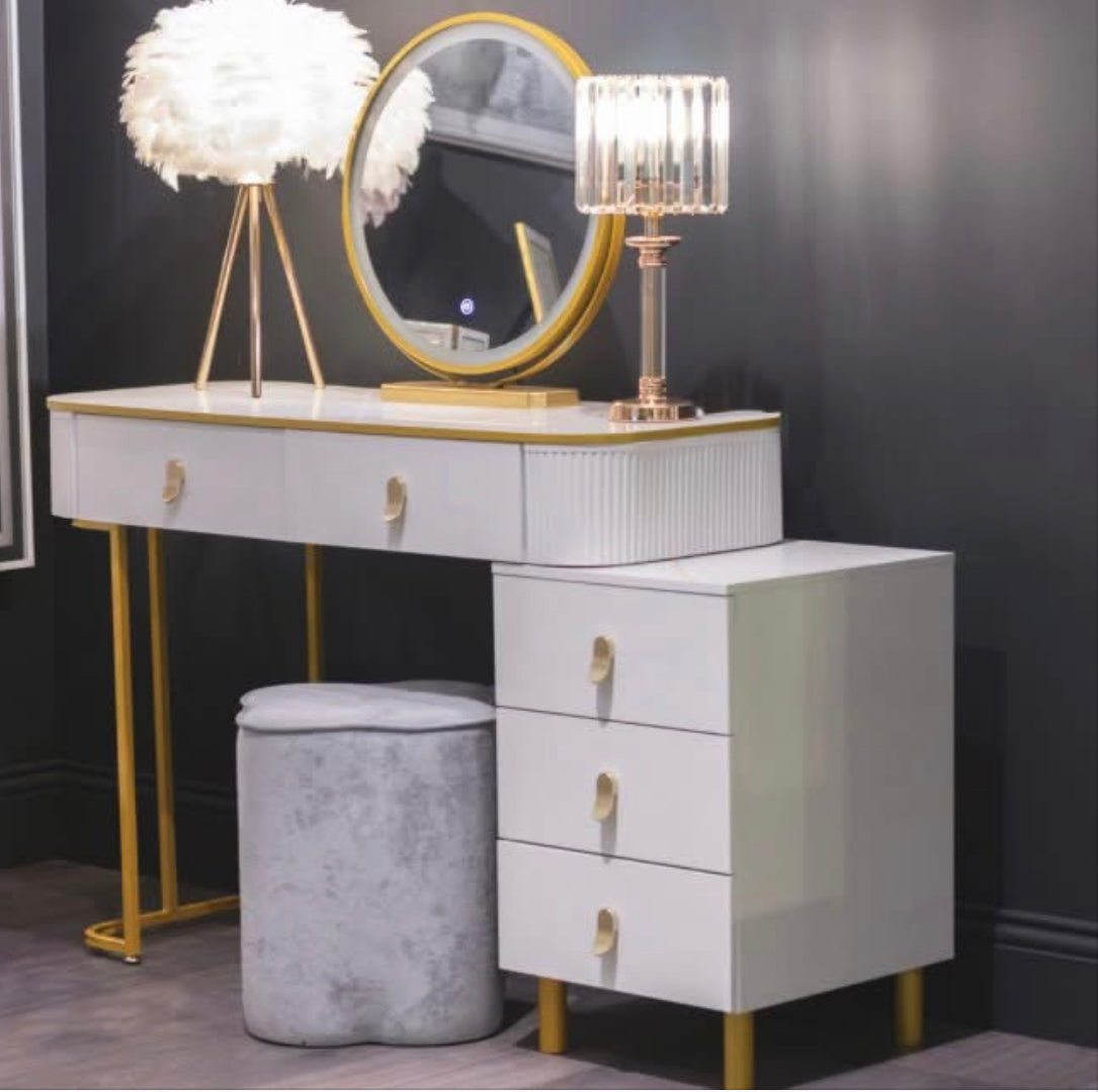 Karl  3 piece Dressing table w stool  mirror SPECIAL instore purchase . Grey  or white marl .