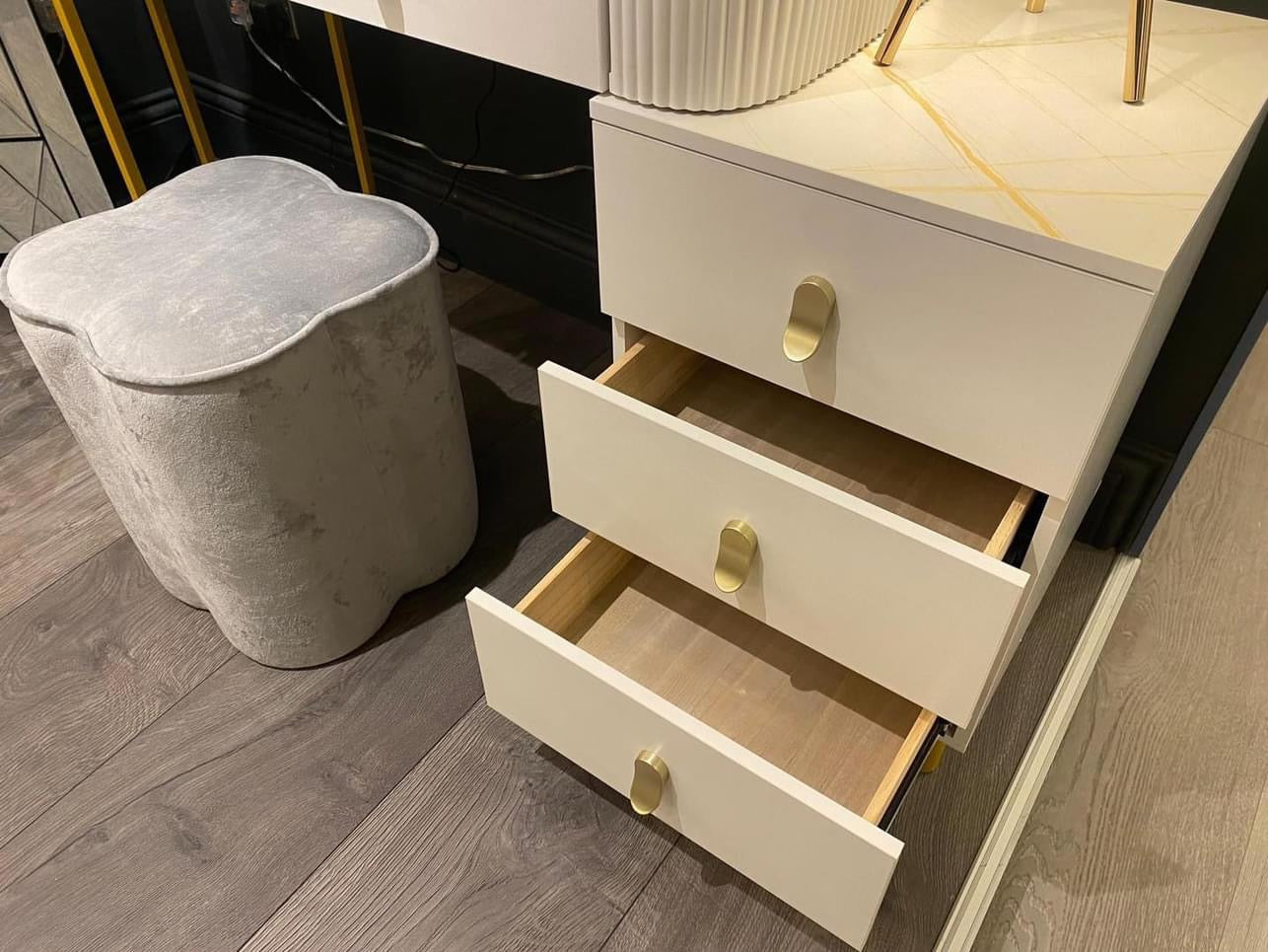 Karl  3 piece Dressing table w stool and mirror SPECIAL instore purchase . White marl .