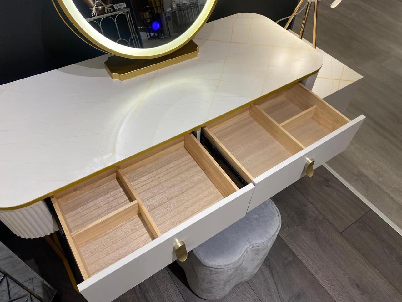 Karl  3 piece Dressing table w stool and mirror SPECIAL instore purchase . White marl .