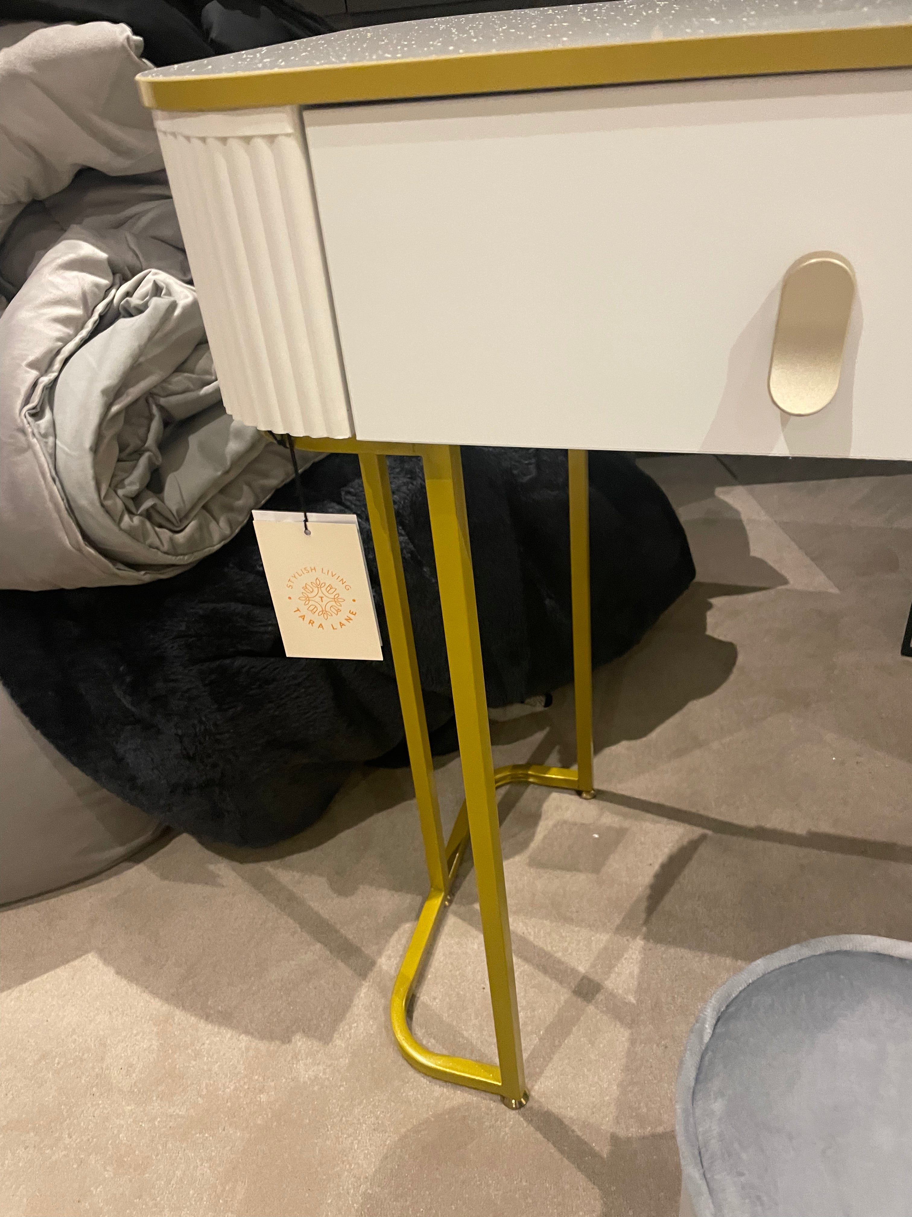 Karl  3 piece Dressing table w stool and mirror SPECIAL instore purchase . White marl .