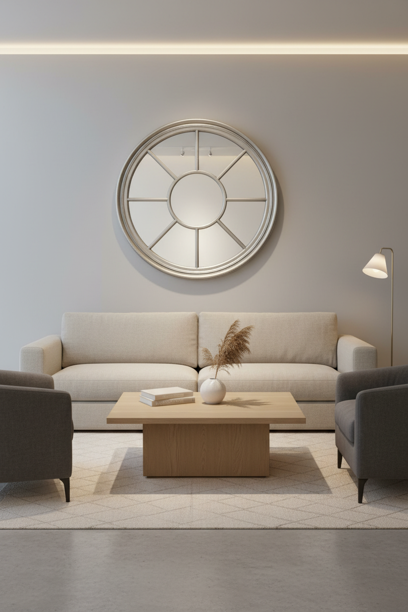 Fabulous Silver round  Window mirror. 95 cm