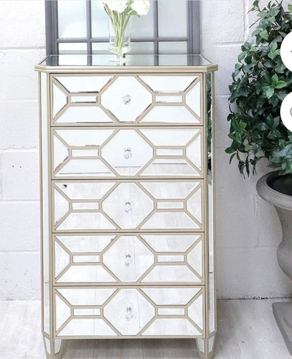Romance tall boy 5 drawer cabinet in mirror and champagne silver less than half price