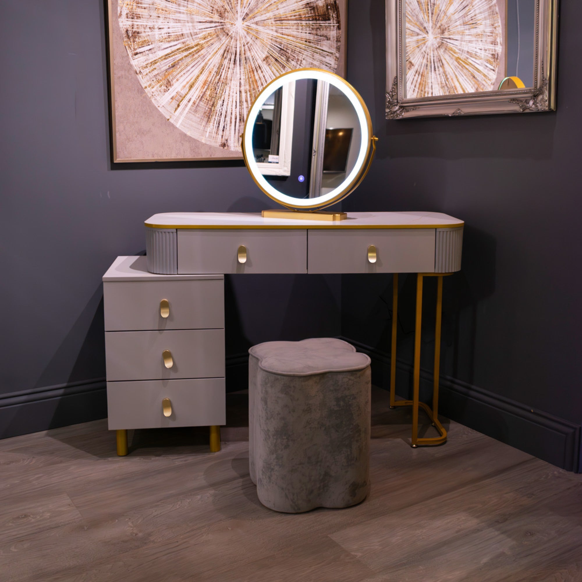 Karl  3 piece Dressing table w stool  mirror SPECIAL instore purchase . Grey marl .