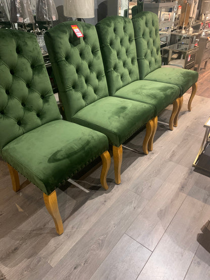 4 green velvet buttoned chairs