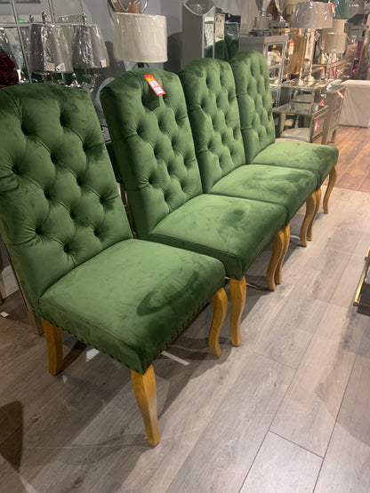 4 green velvet buttoned chairs