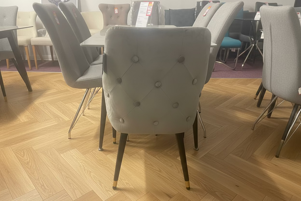 Set of 6 fabulous Tatia new stone grey dining chairs almost half price. View instore to avail