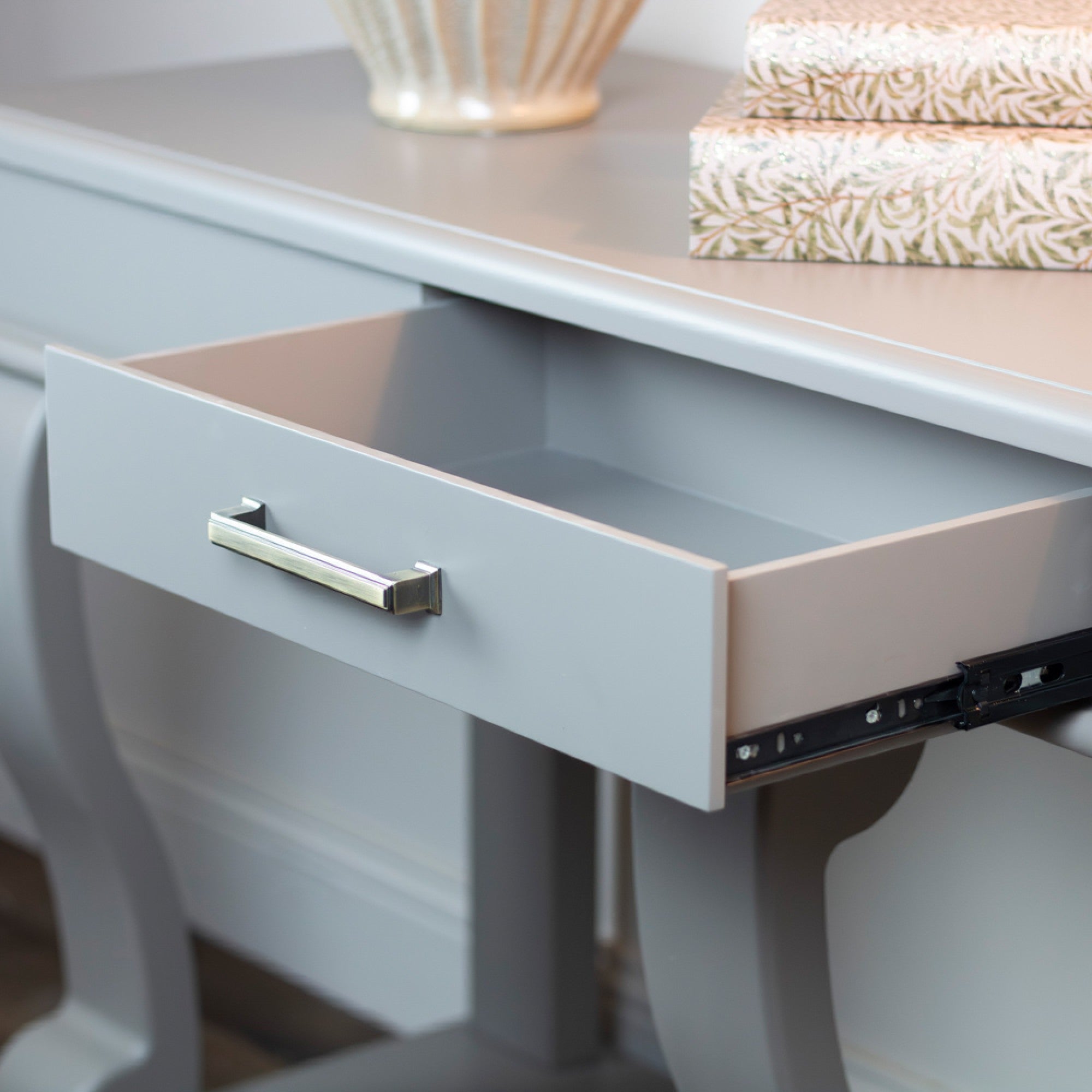 Samuel  Fallon Savoy Scroll  console  table  150 cm with drawer in Black or Taupe