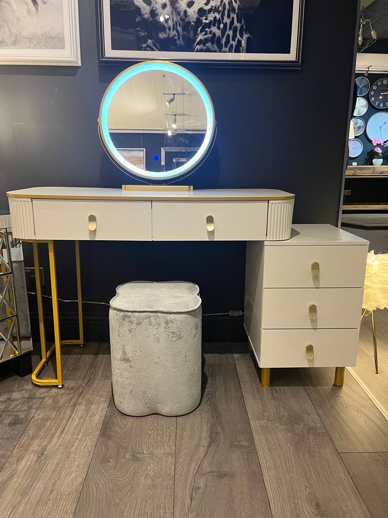 Karl  3 piece Dressing table w stool and mirror SPECIAL instore purchase . White marl .