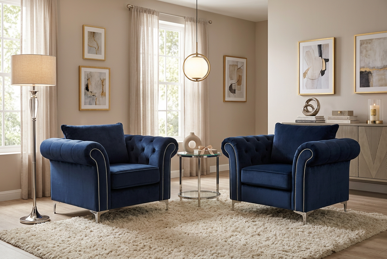 Olympia armchairs in grey chenille at CLEARANCE price . View to purchase