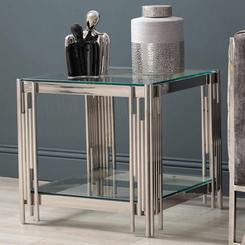 Medina Cohen chrome Side Table with Clear glass Shelf reduced ( assembly extra) NETT-side table-Renaissance Design Studio