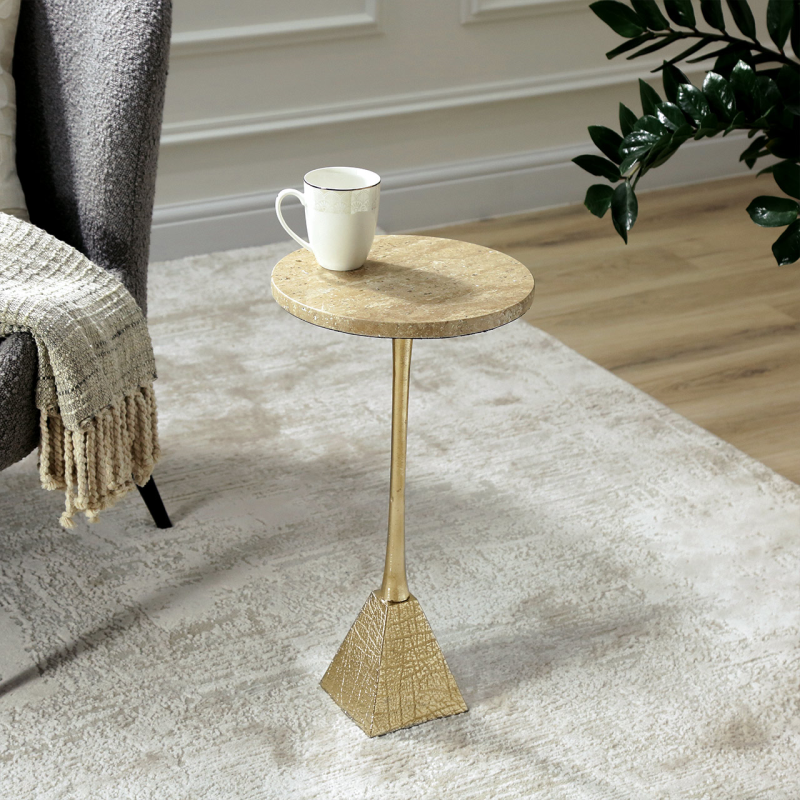 Ella Gold Metal Side table with travertine marble top