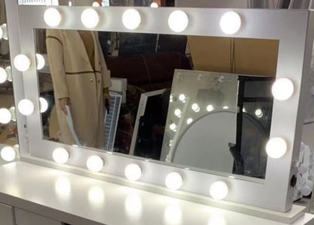 X Large  Hollywood mirror Table top size with Bluetooth speaker. WHITE