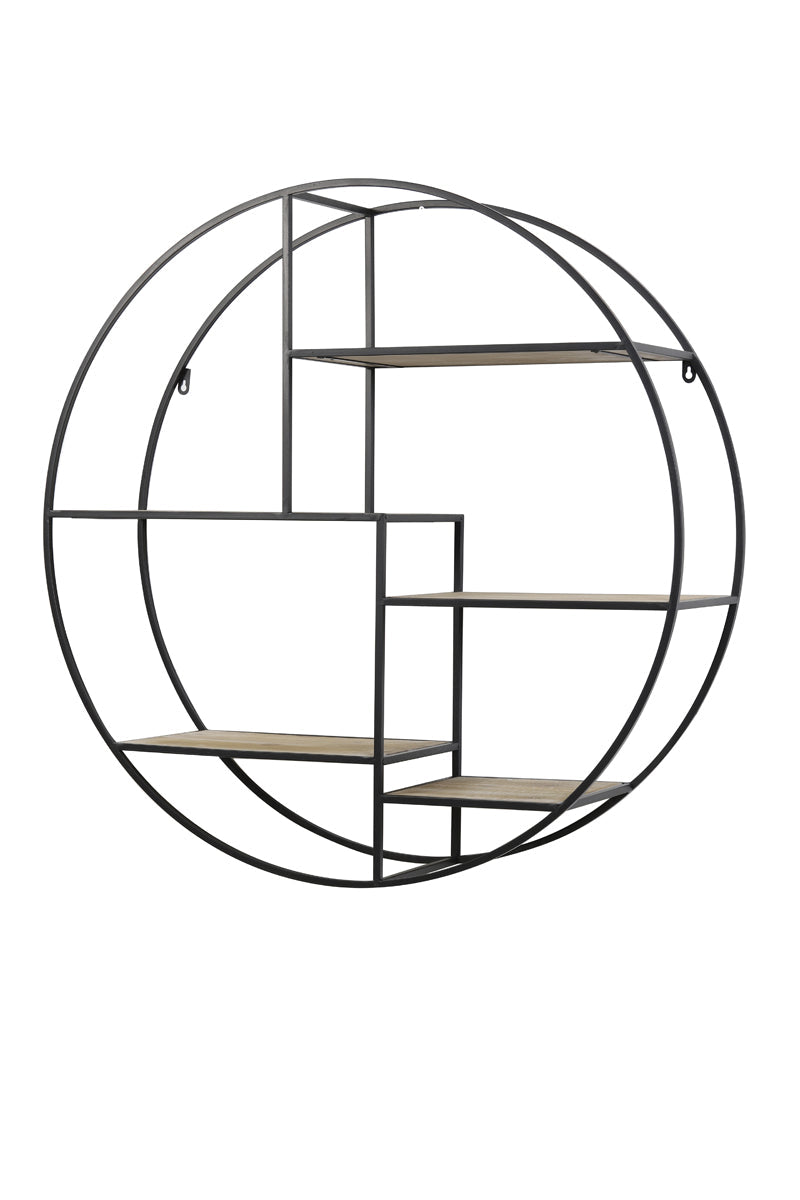 Juna round black metal wall hanging shelf unit