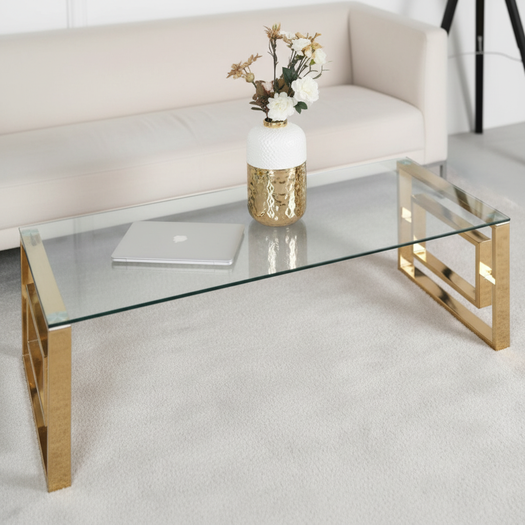 Alannah gold coffee  table  with glass top 120 cm reduced