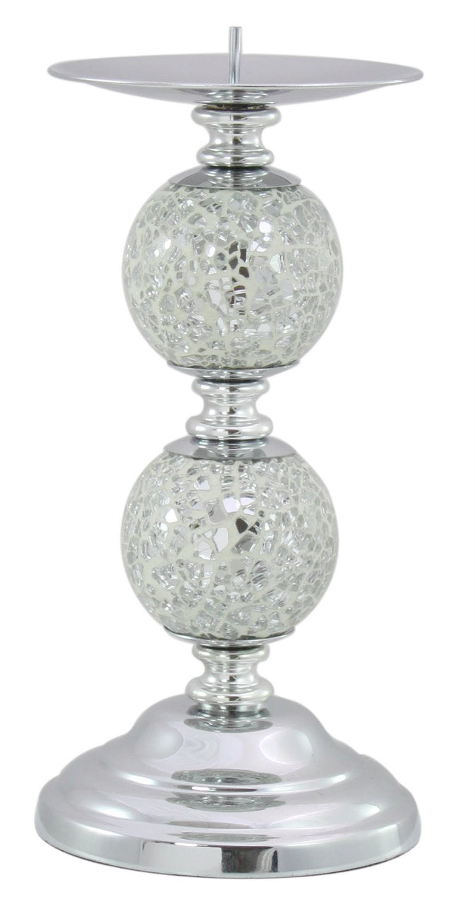 White  Silver  Mosaic  2 Ball Candle Holder 082 half price Instore