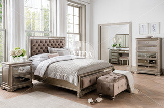 Jessie 6 ft bed in taupe velvet with tufted headboard . Super King for Master Suite