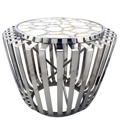 Stainless Steel Drum Shape Table W White Agate Top