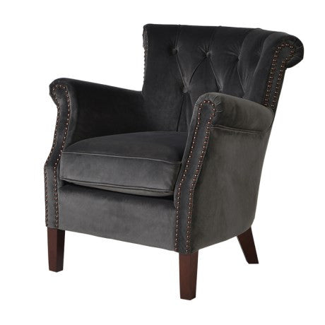 Velvet gunmetal  bedroom armchair view Instore to purchase