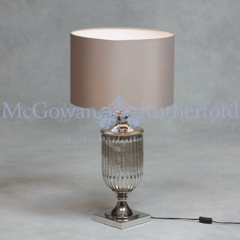 Silvered  urn glass cylinder lamp with taupe shade AVAILABLE