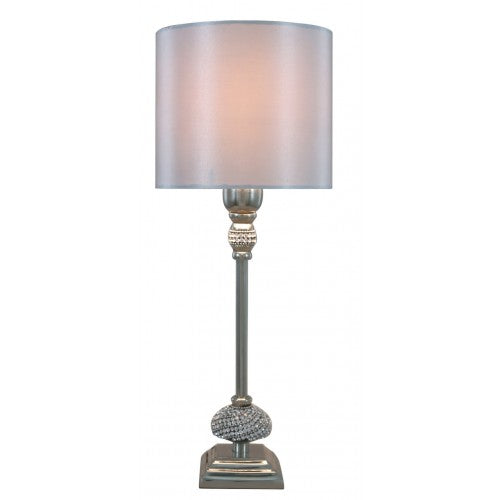 Small Nickel Diamante Candlestick Table Lamp With Silver  Velvet Shade