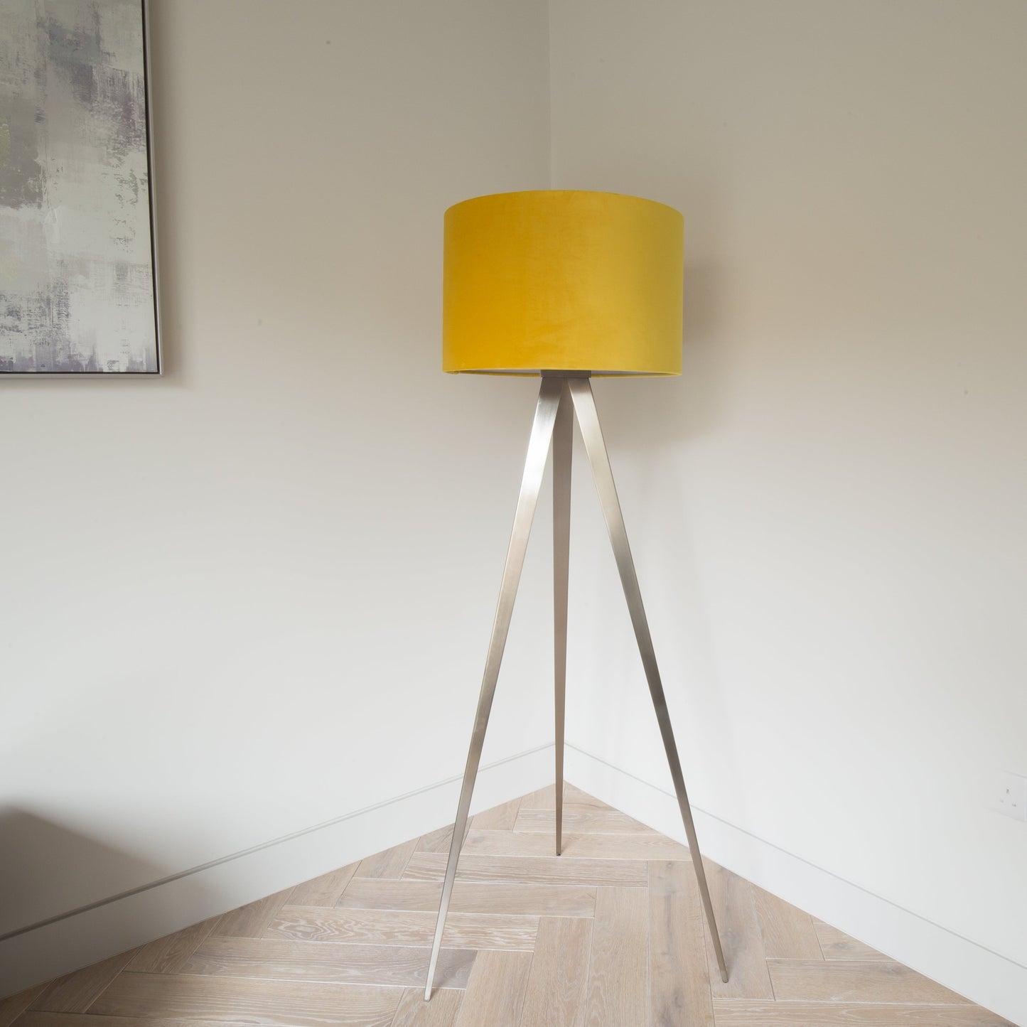 Tripod floor lamp with velvet shade in Mustard